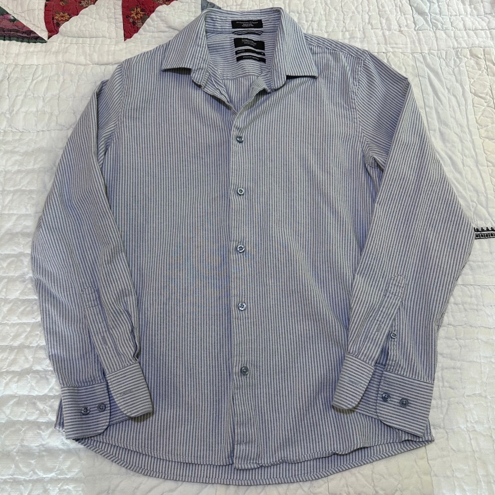 Nordstrom Men's Shop Stretch Oxford Shirt Blue White Pinstripe Trim M